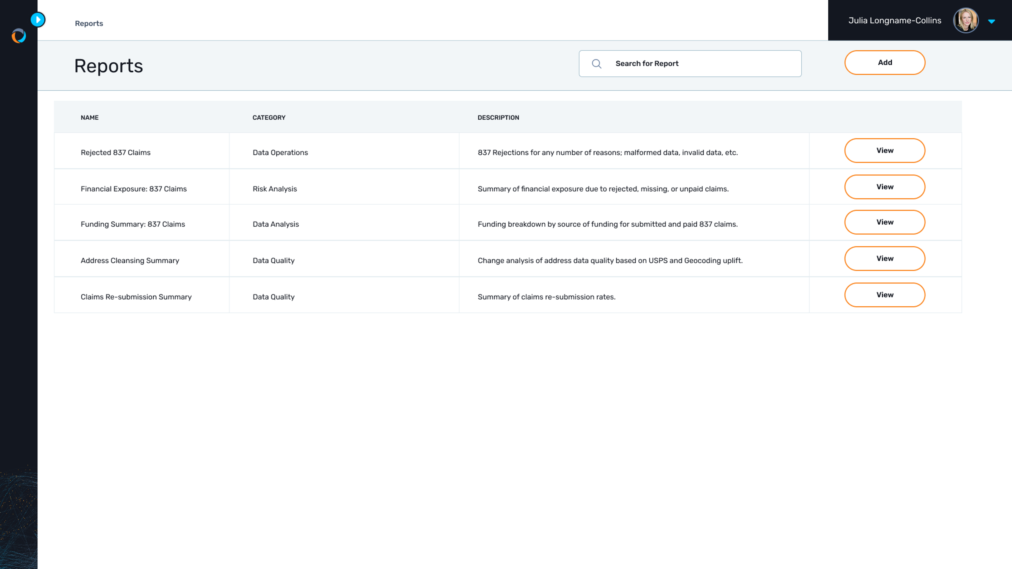 A list of configured claims oriented and data quality reports are showing in Coperor