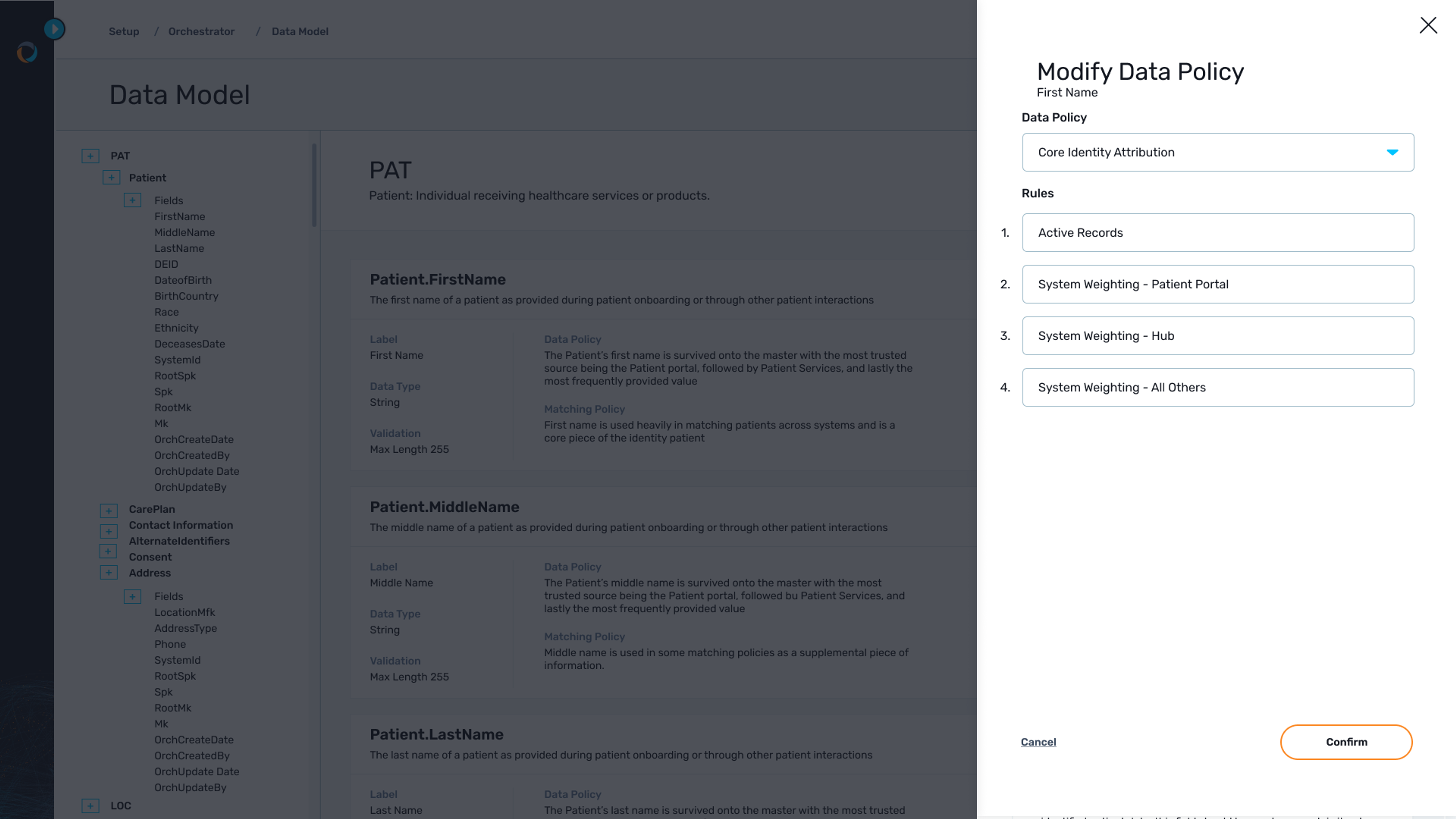 Shown is configuration for a data policy that can be adjusted on an attribute level