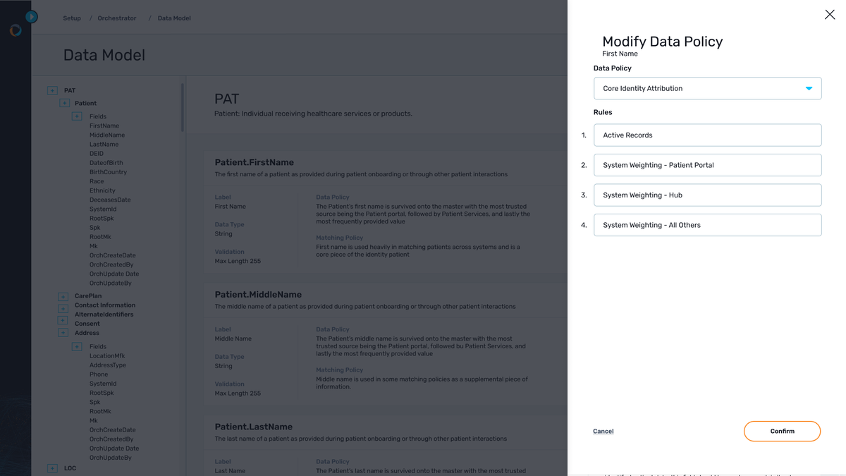 Shown is a configuration screen for adjusting data policies at an attribute level