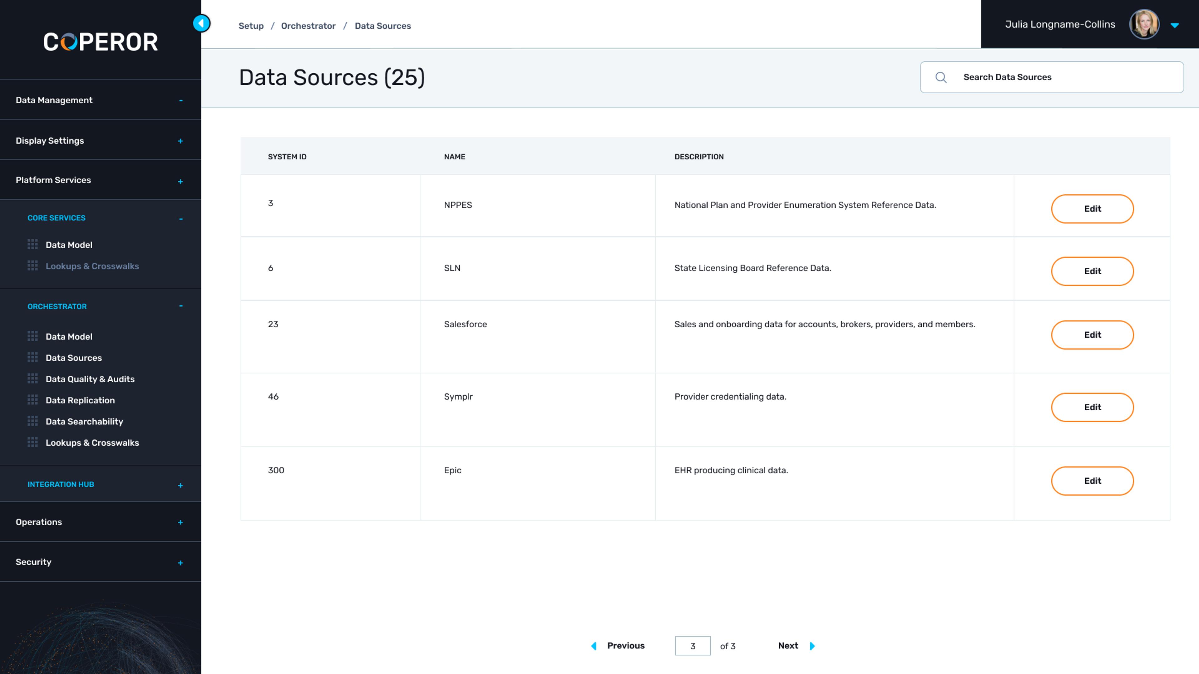 A list of configured data sources in Coperor are shown, including credentialing, EHR, and reference systems