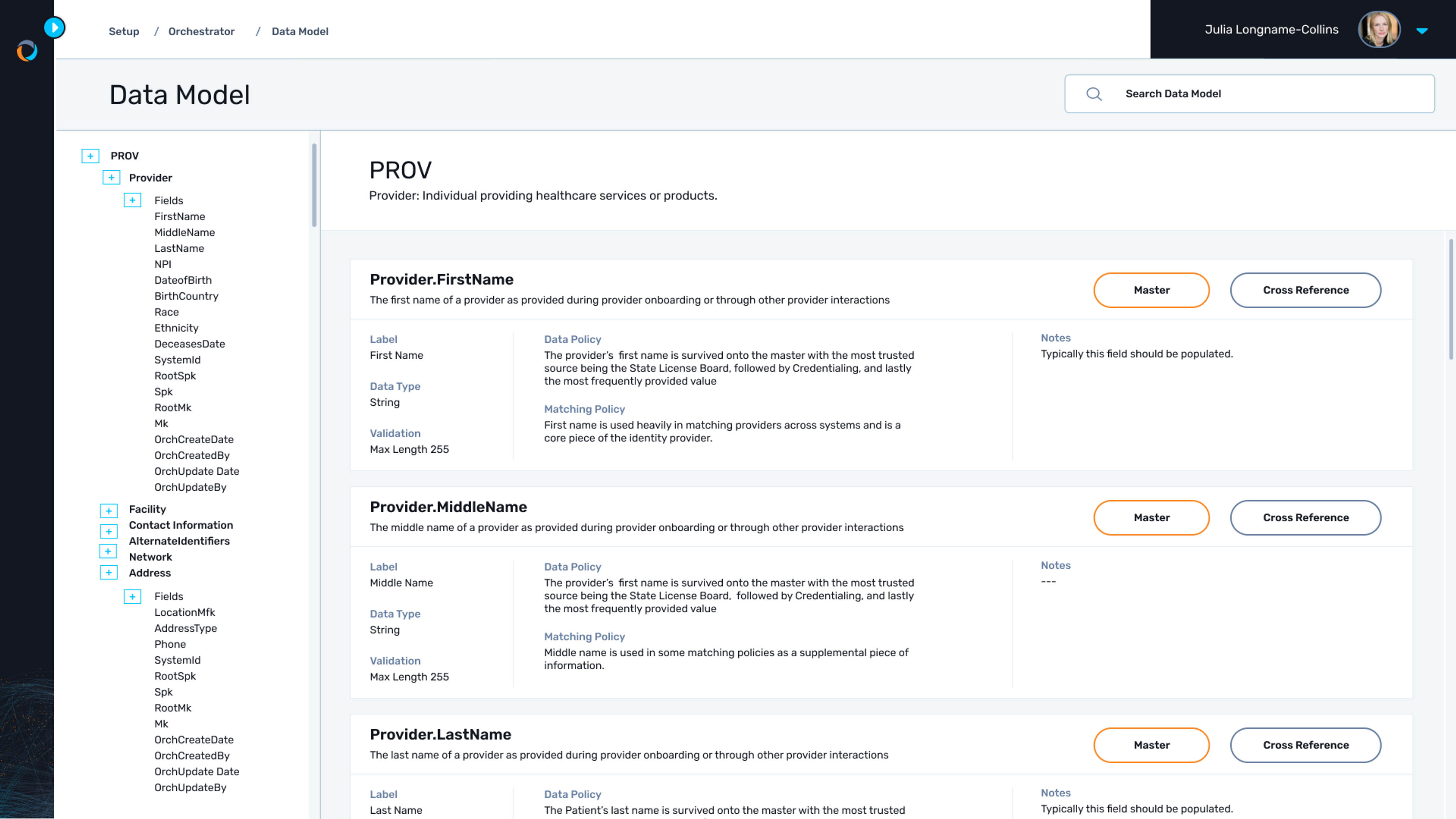 Elements of the Provider Data Model are shown in Coperor