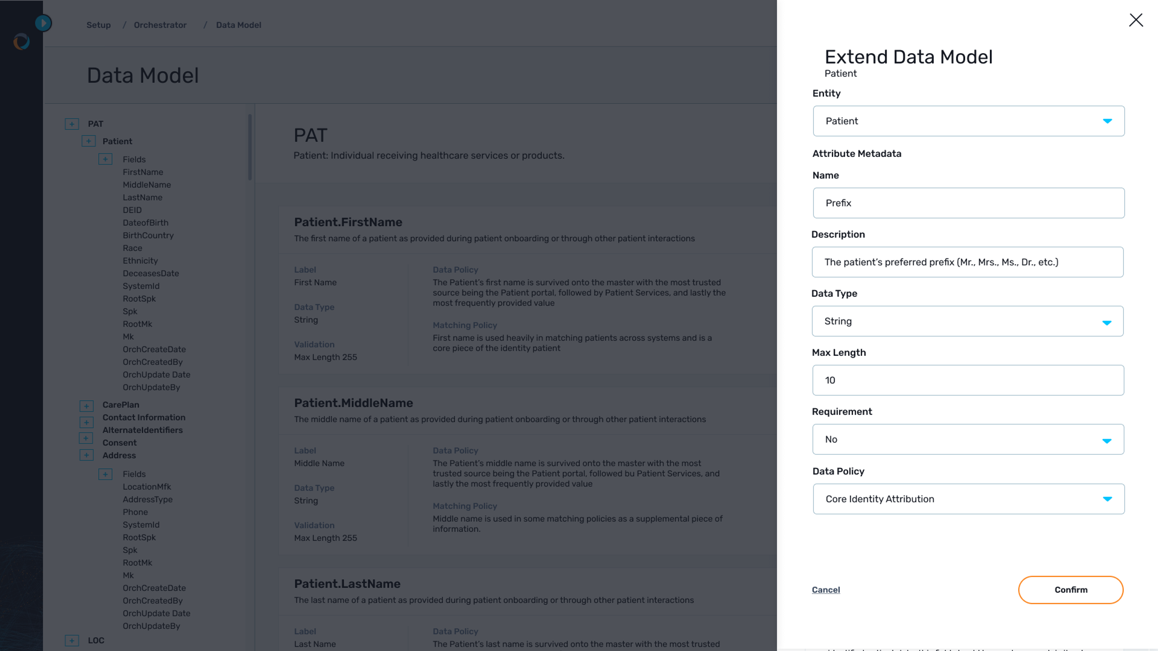 Shown is a configuration screen for extending the Coperor data model