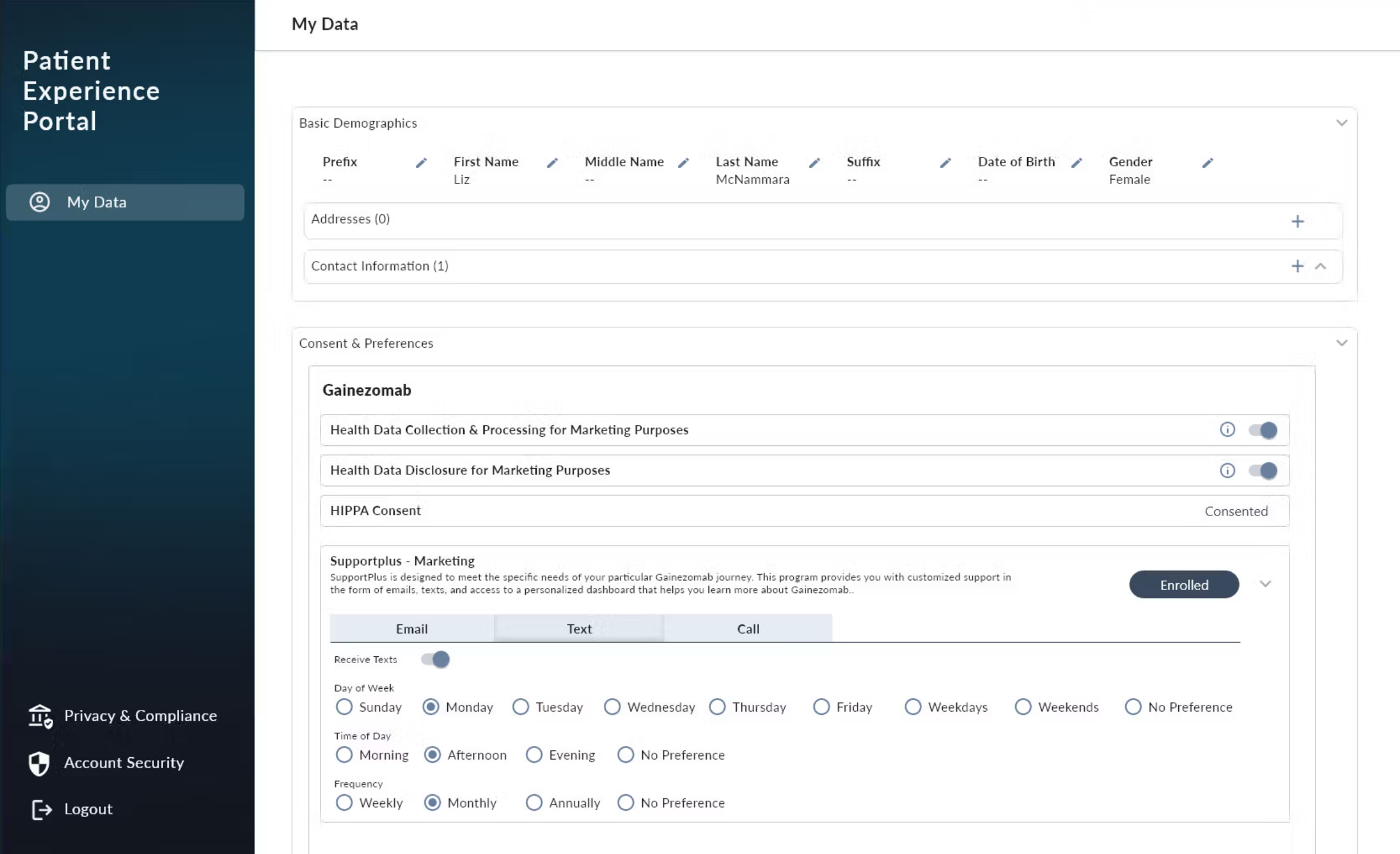 Consent management screen shot