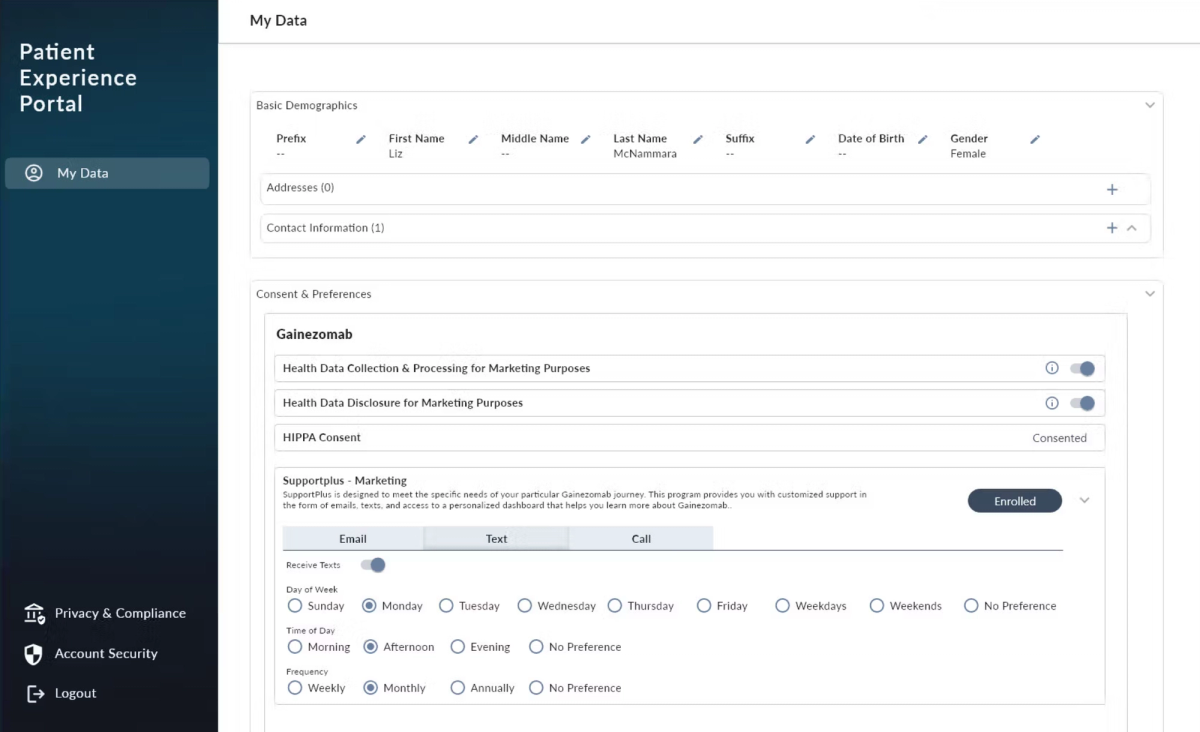 Consent management screen shot
