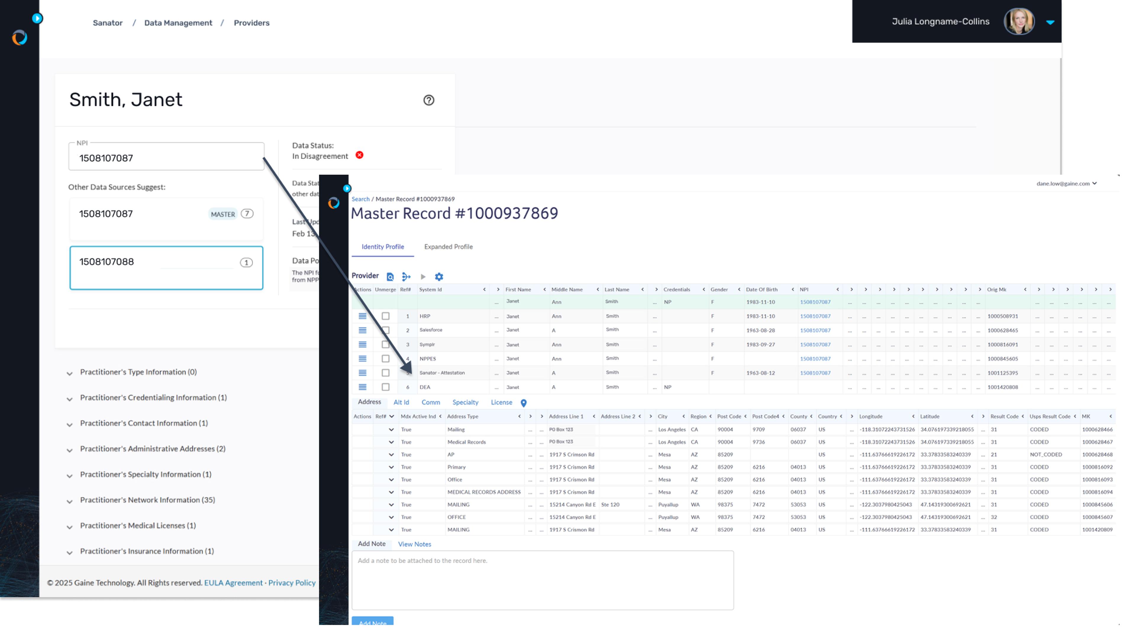 Gaine is shown supporting provider data maintenance functionalities that connect in real-time to the data platform