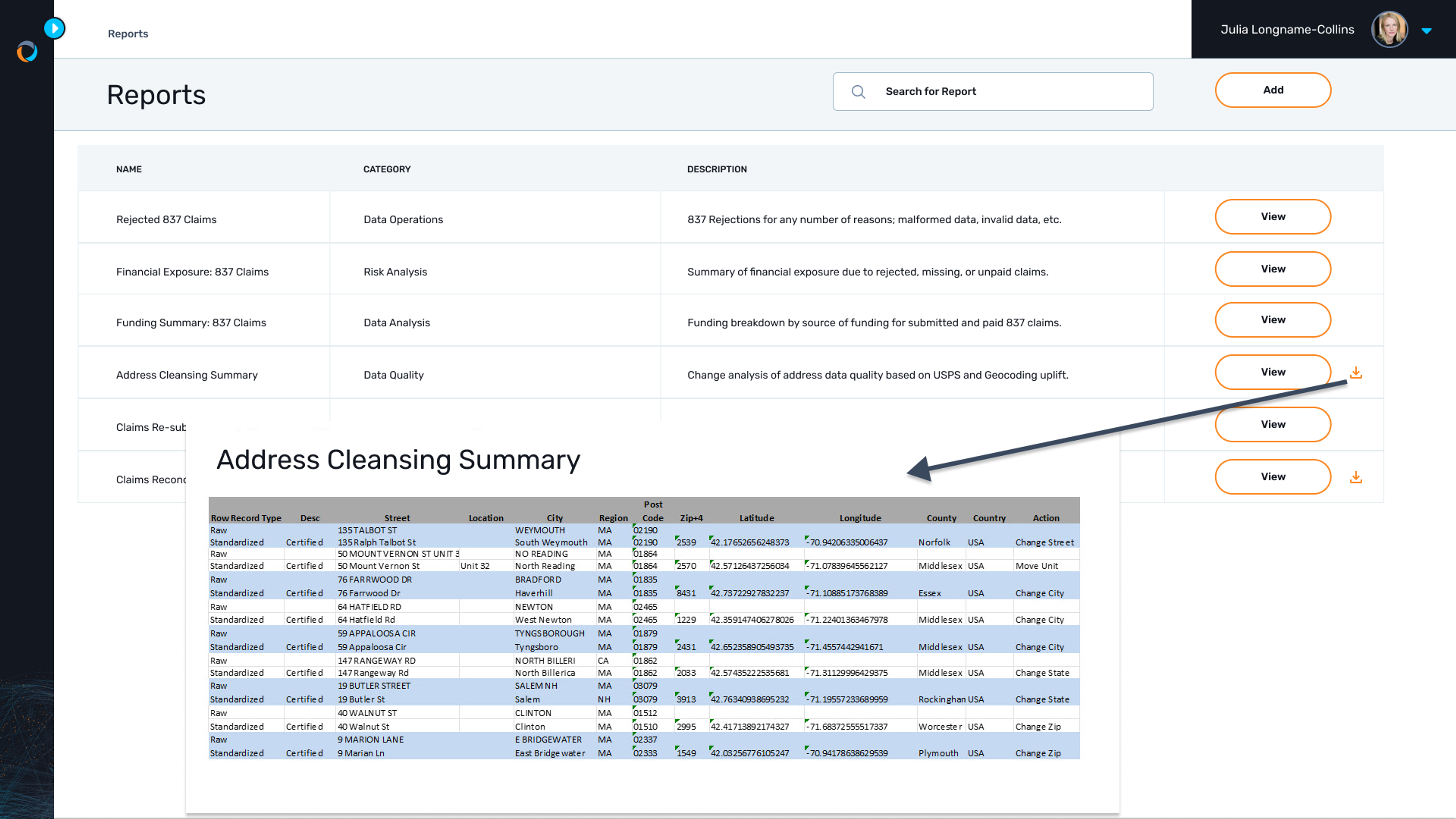 An address cleanse change summary is downloadable as a report in the Coperor console