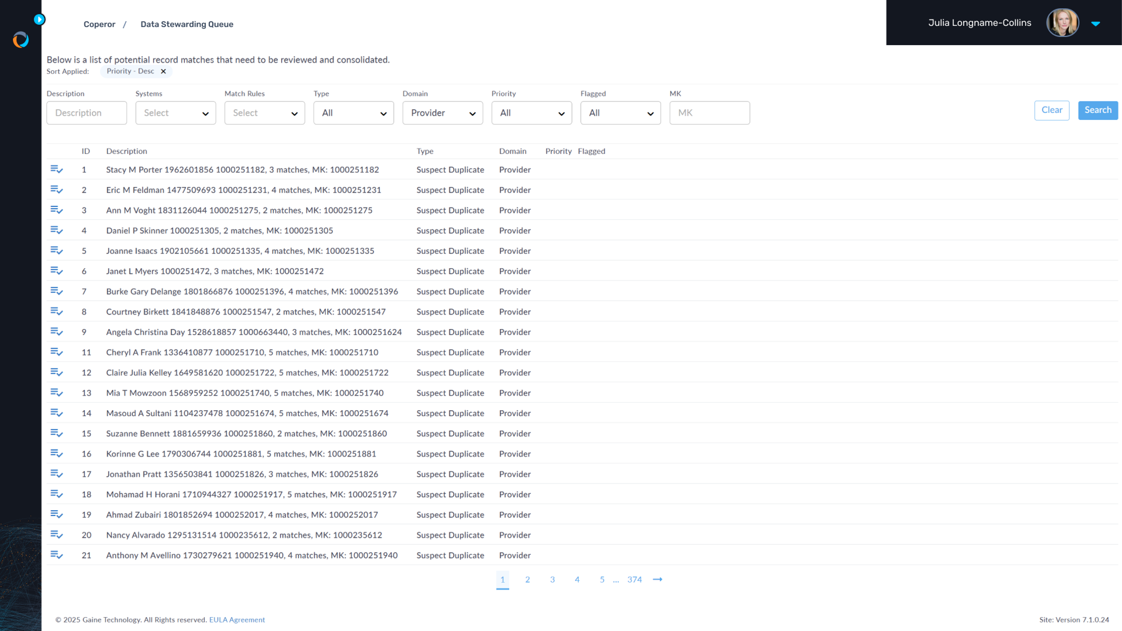 Coperor's data stewarding is shown with matched profiles in the queue awaiting stewarding