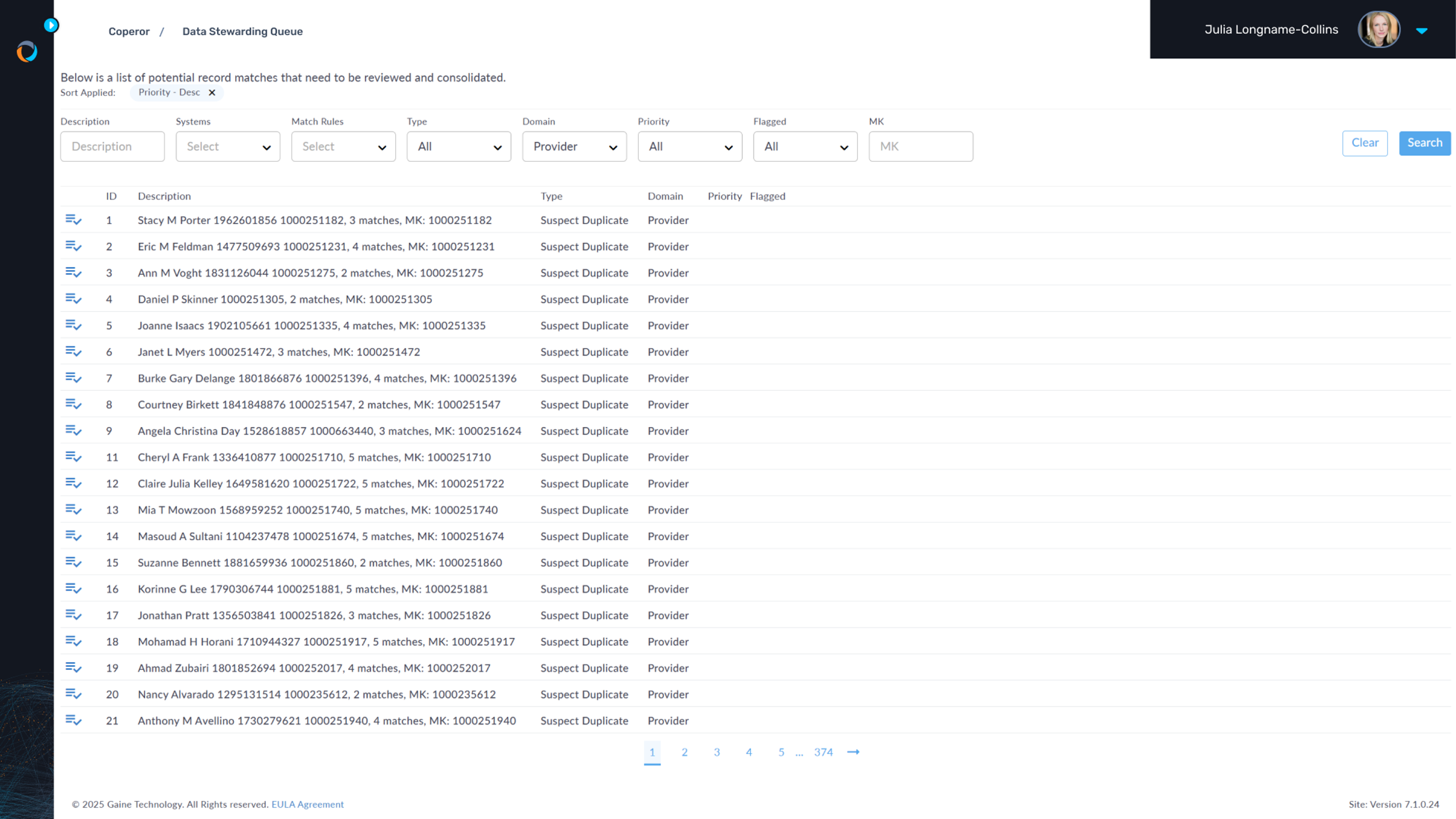 Gaine HDMP's data stewarding is shown with matched profiles in the queue awaiting stewarding
