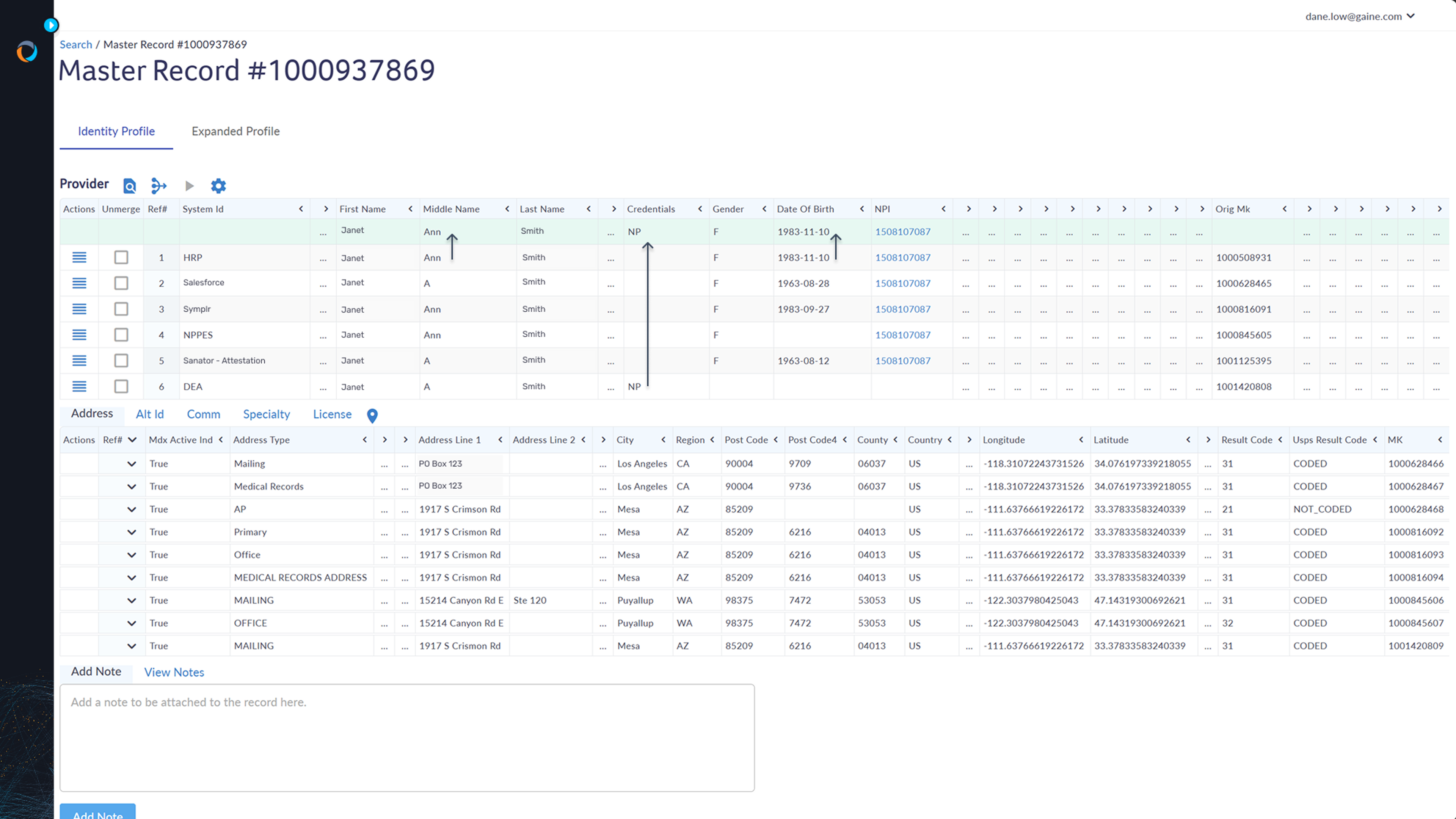 Coperor is shown intelligently selecting different data points from different sources to construct the golden provider master