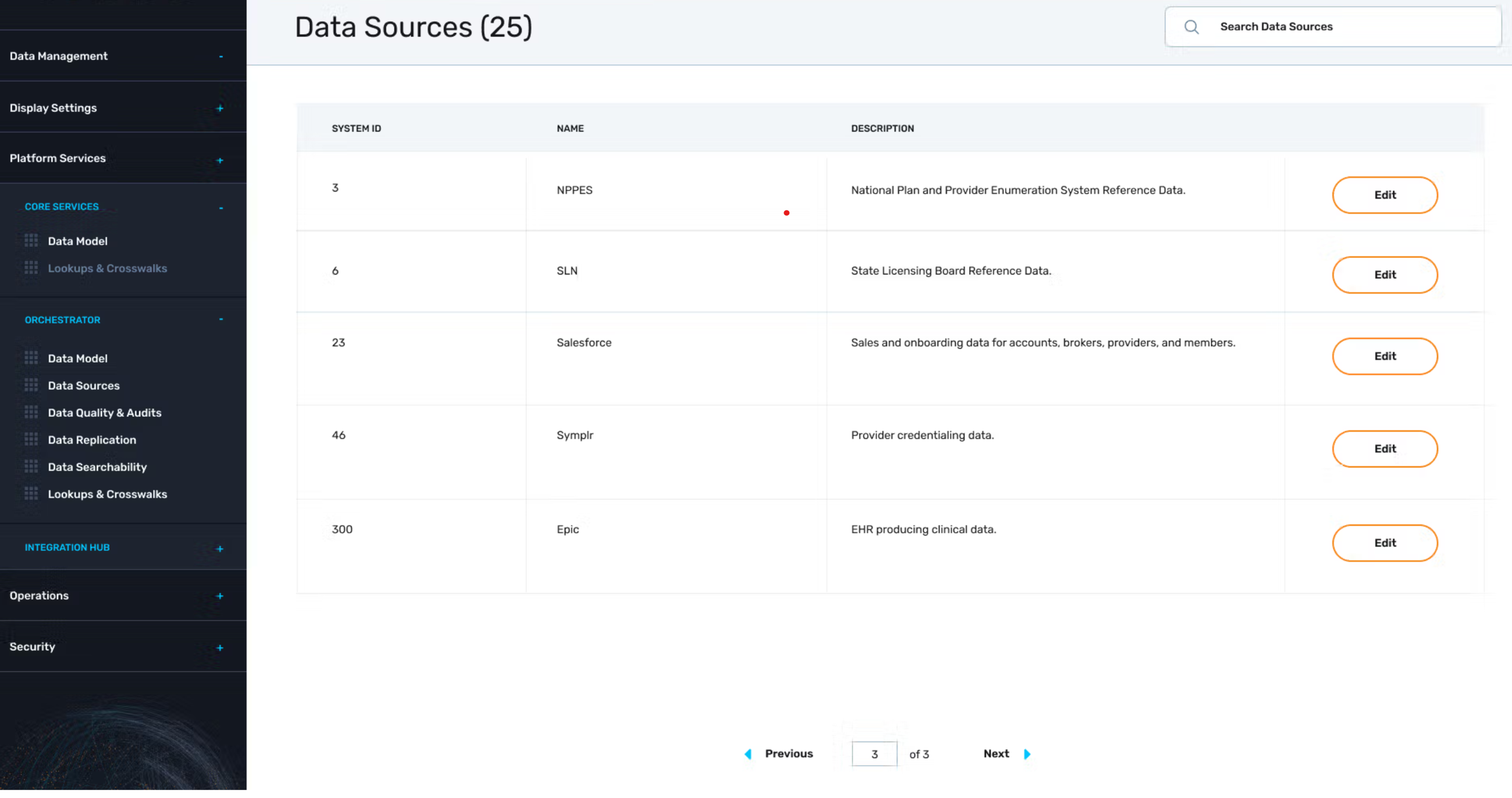 A list of configured data sources in Gaine are shown, including credentialing, EHR, and reference systems