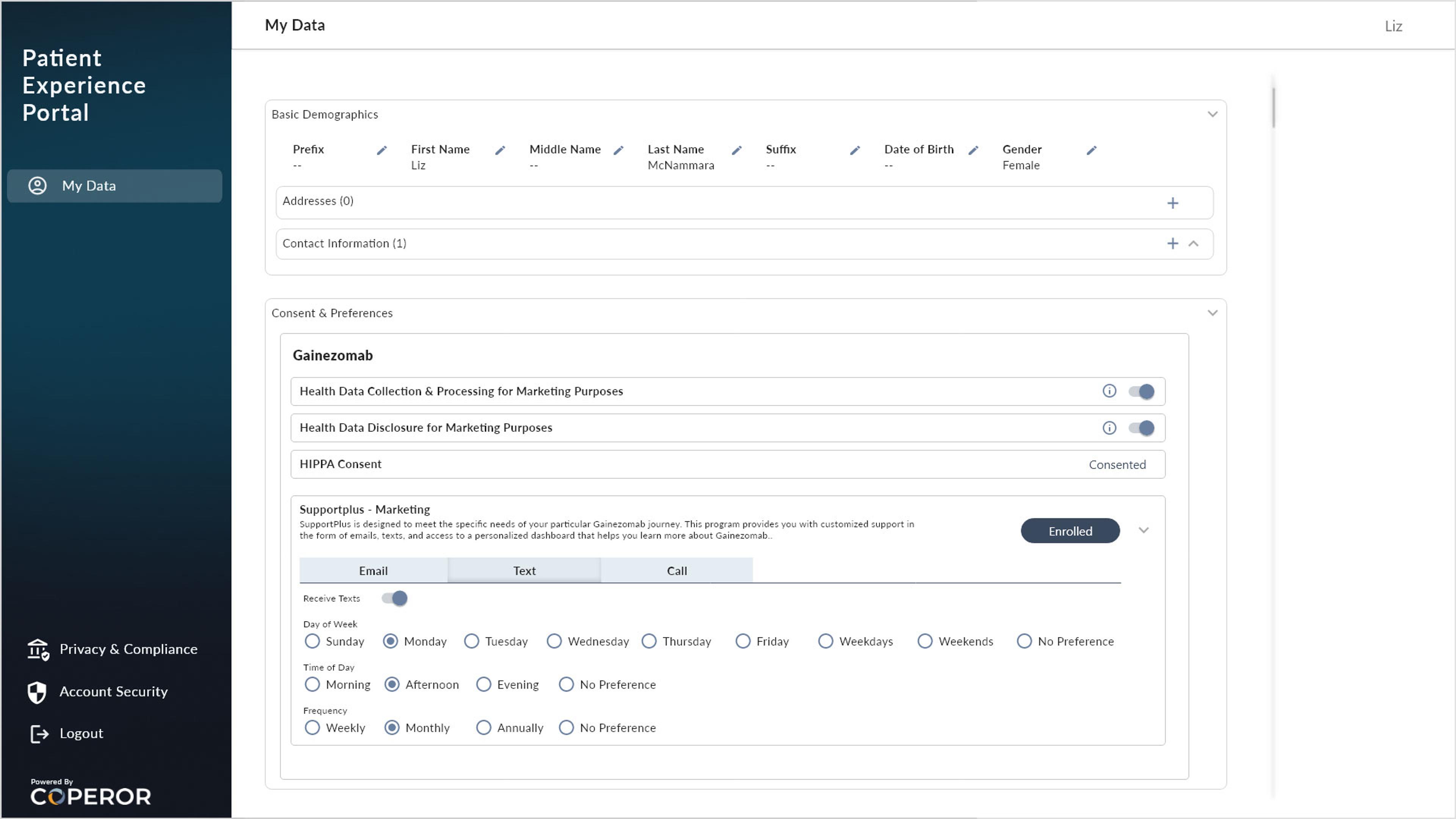 Consent management screen shot