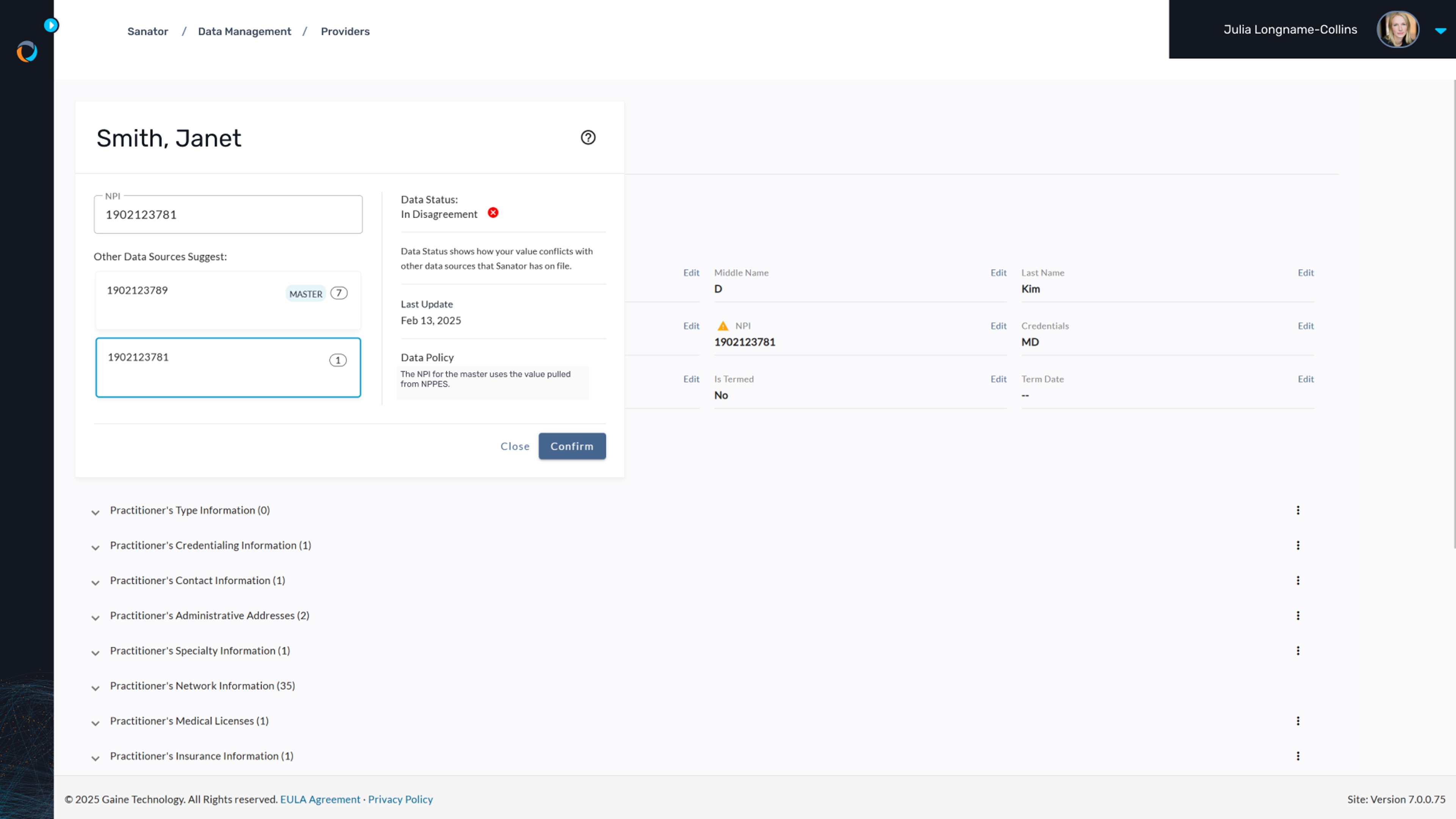 A Provider's NPI is shown to be in conflict with the master, with suggested values to take instead