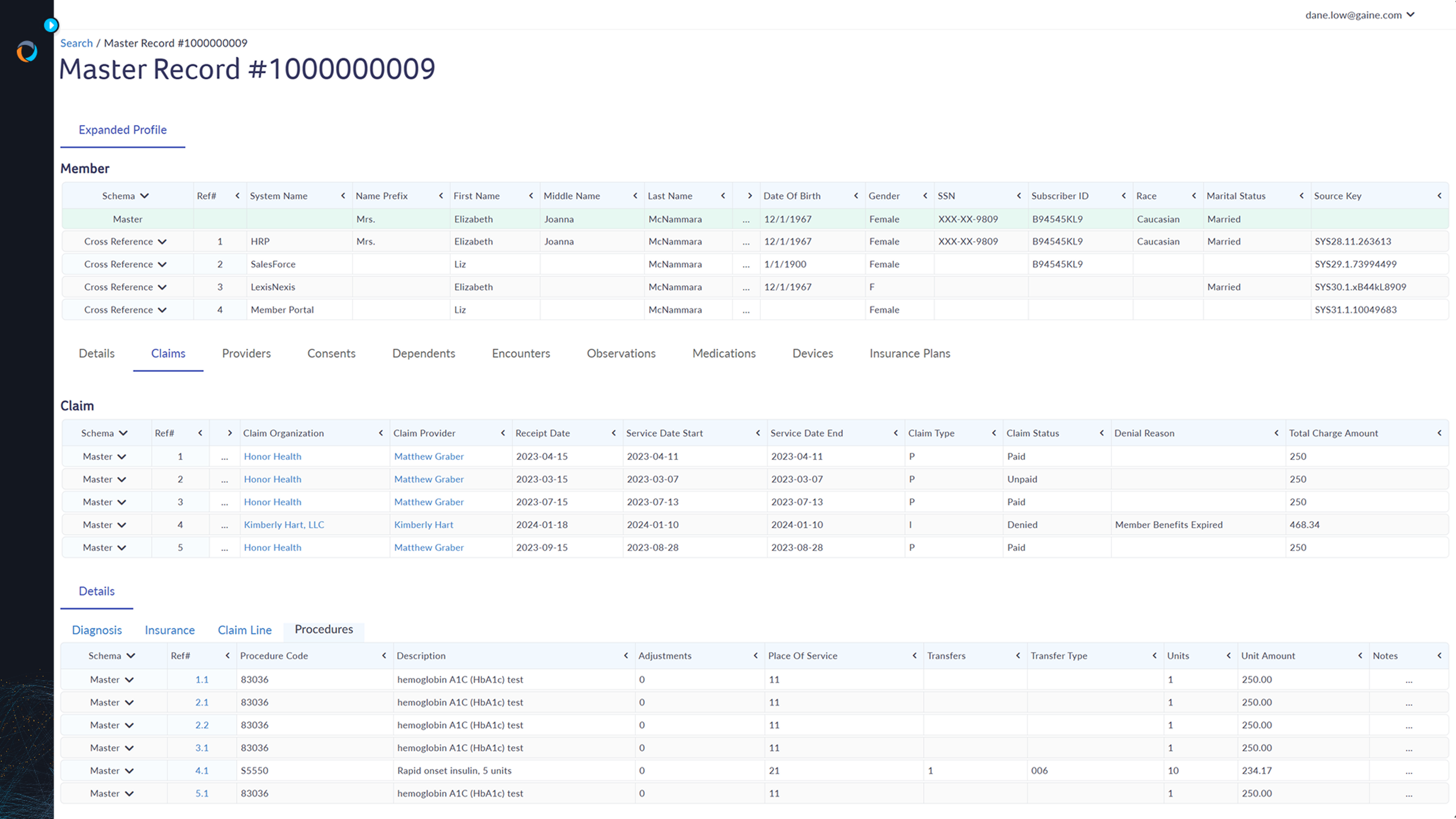 A full coperor profile is shown with associated claims from multiple sources