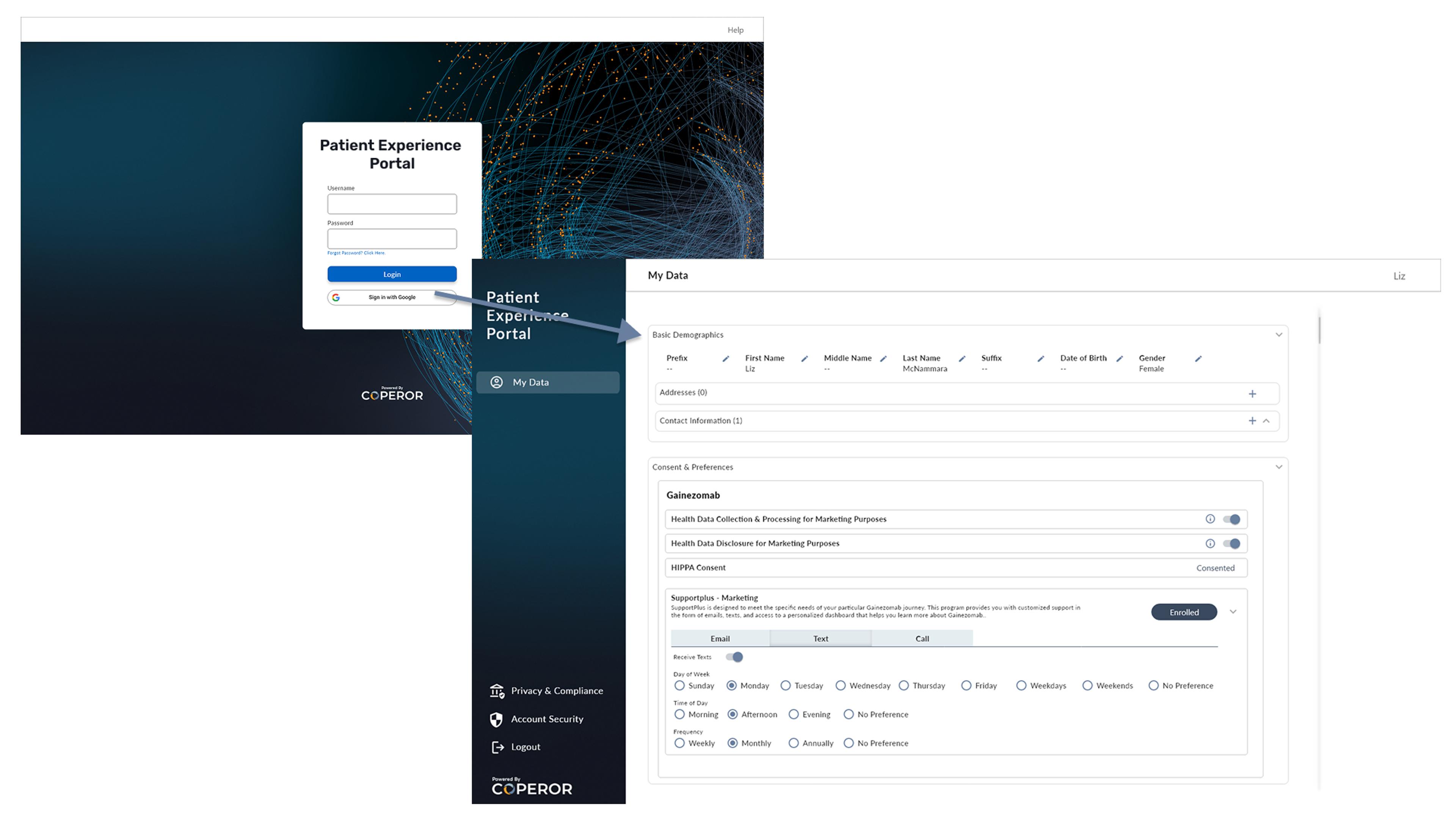 The patient experience portal and coperor but support SSO using federated identity management providers