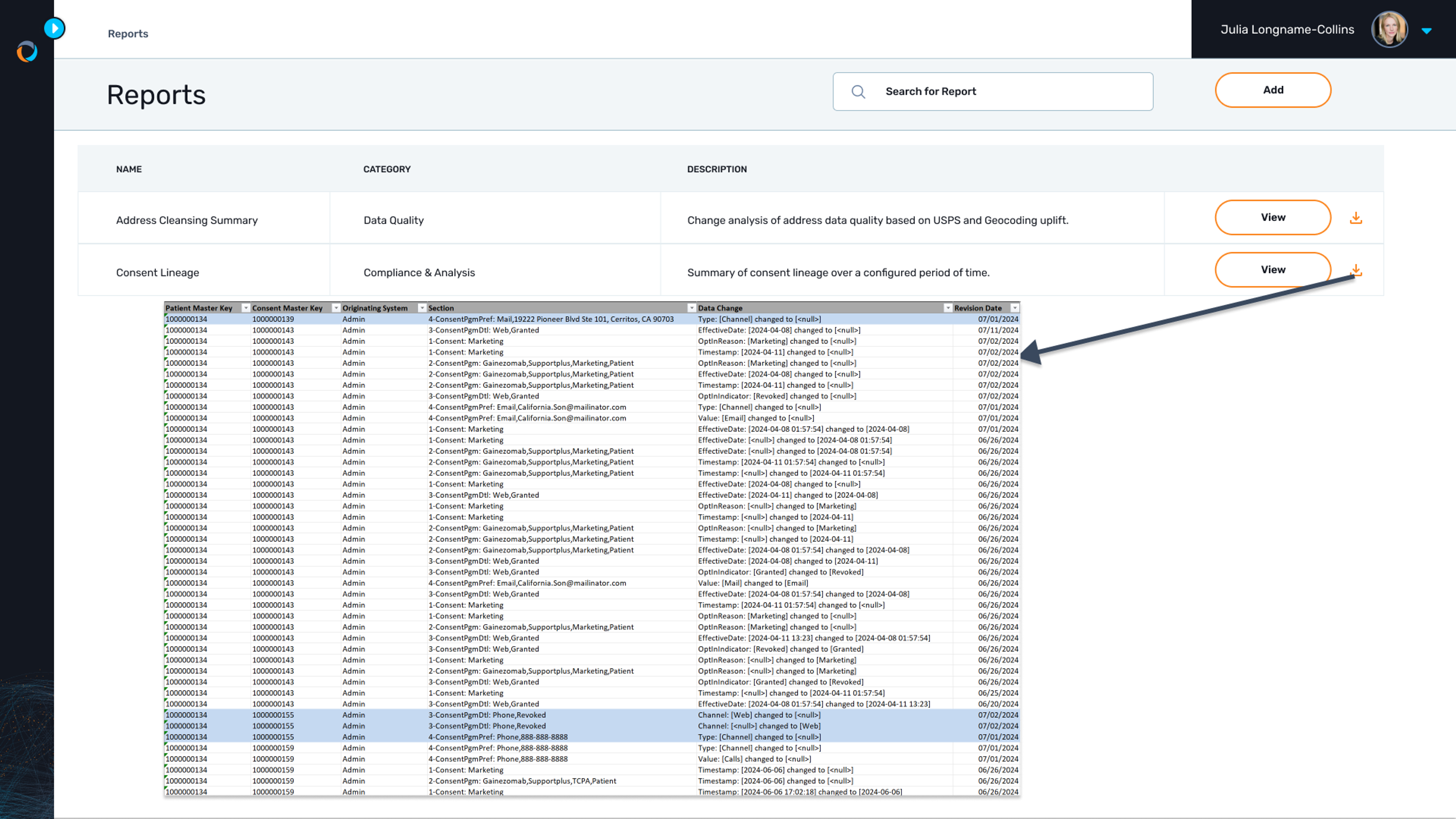 A consent lineage report is shown as available in Coperor and downloadable as a file