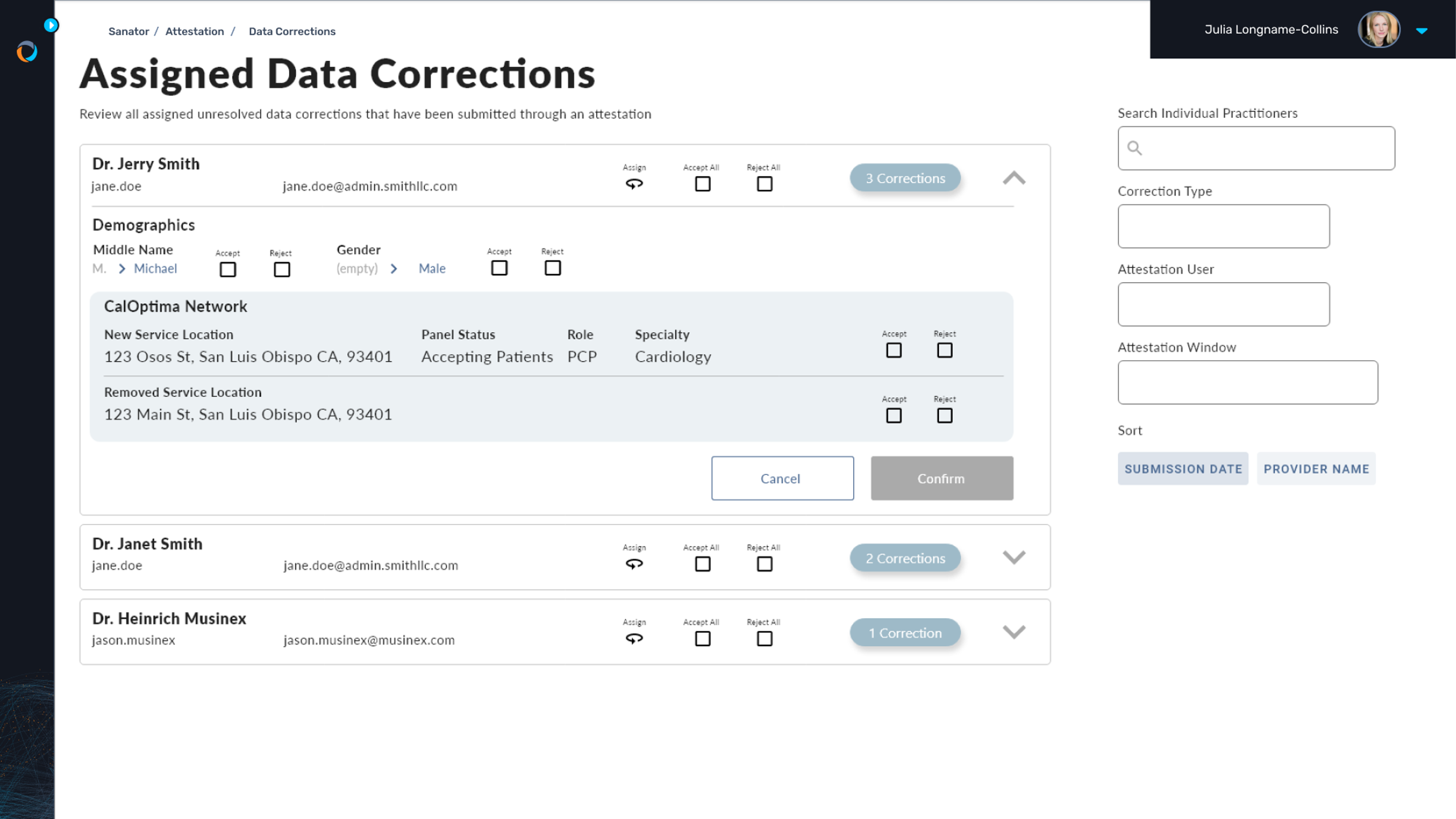 Suggested corrections from individual providers allow provider data management teams the ability to work through work baskets to address data discrepancies