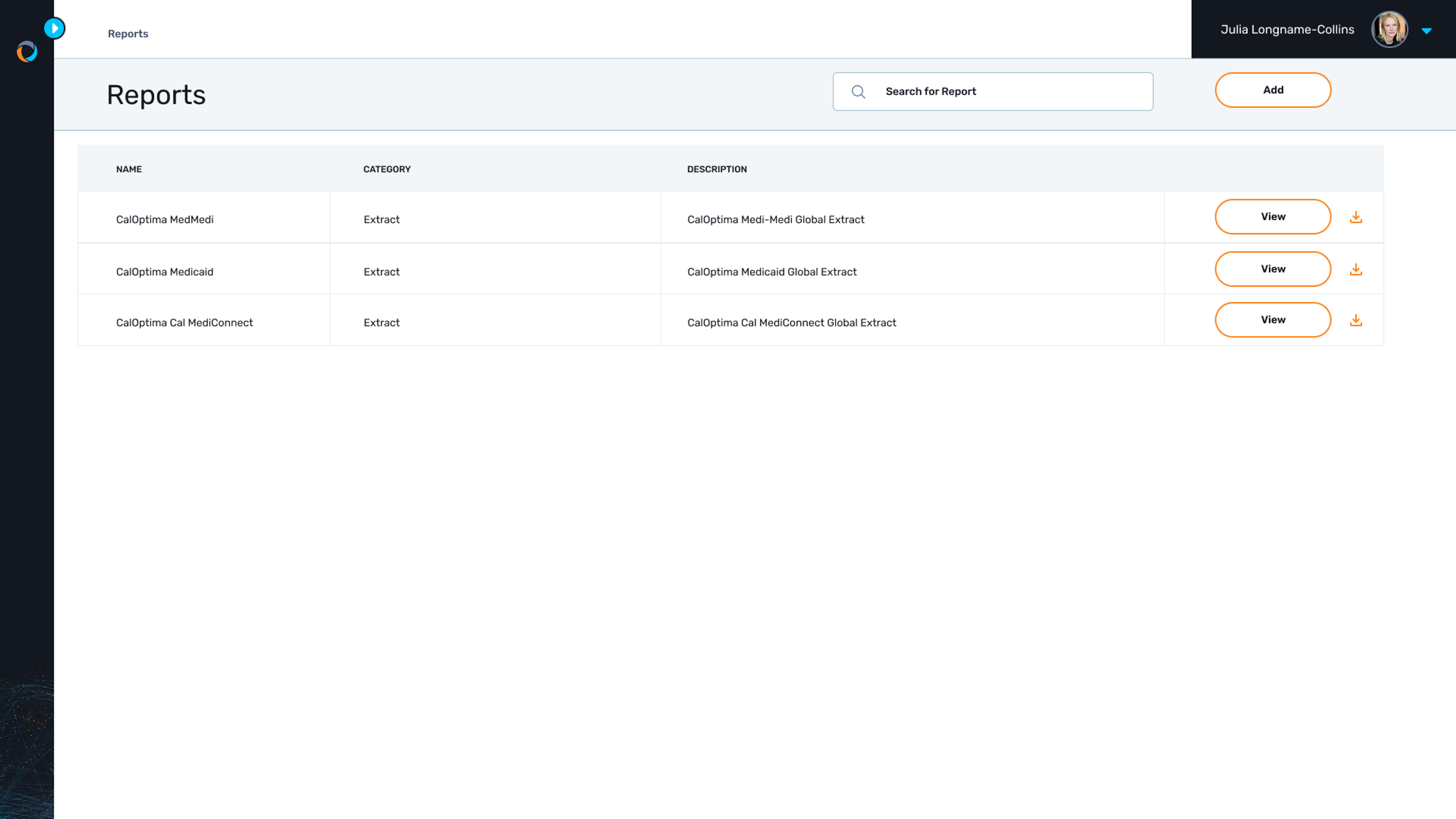 A list of extracts required for the CalOptima plan is shown as available extracts from Gaine