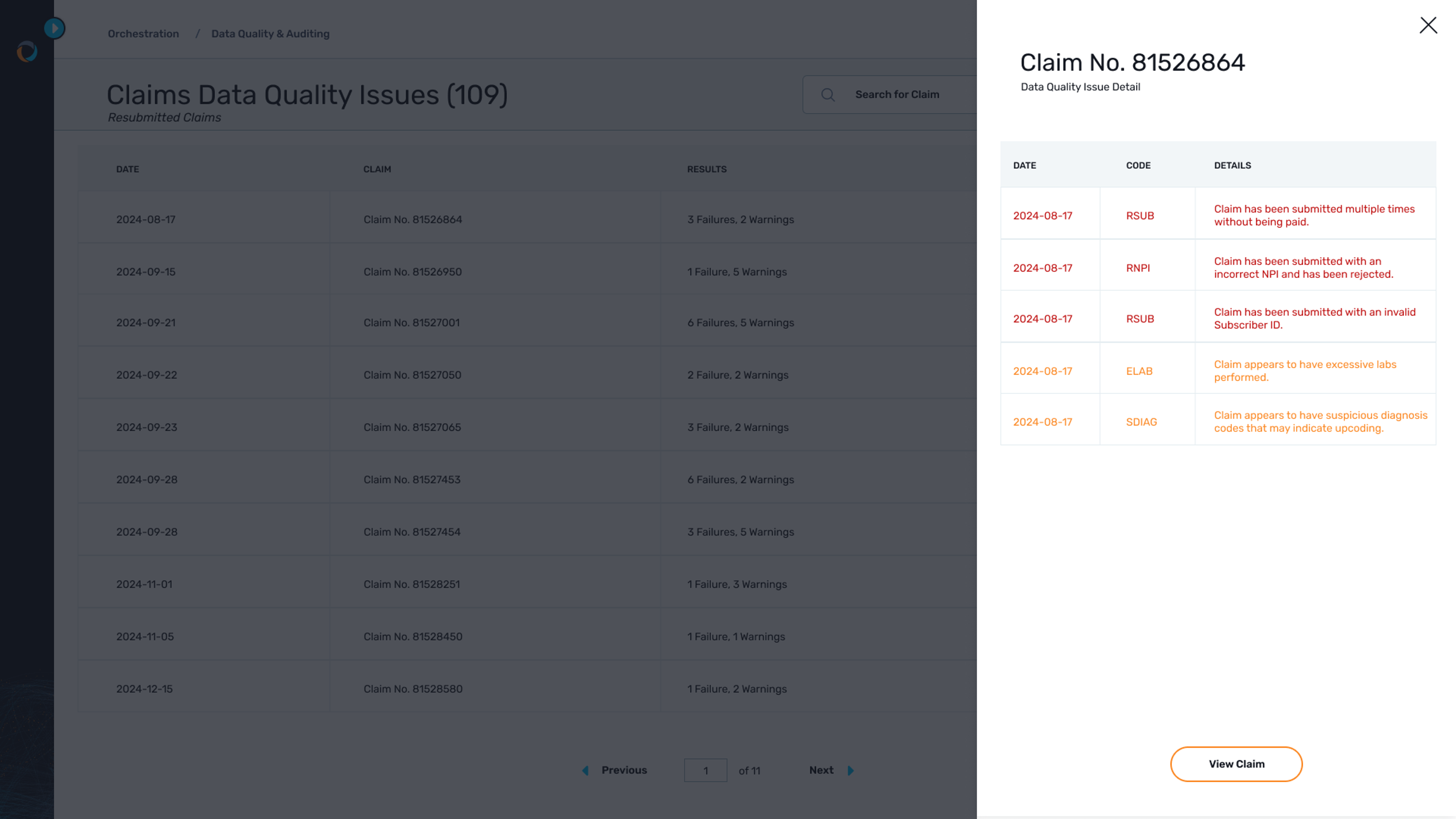 Details of a claim's failed data quality checks are shown, there are 3 errors and 2 warnings indicating various states of anomalous or bad data.