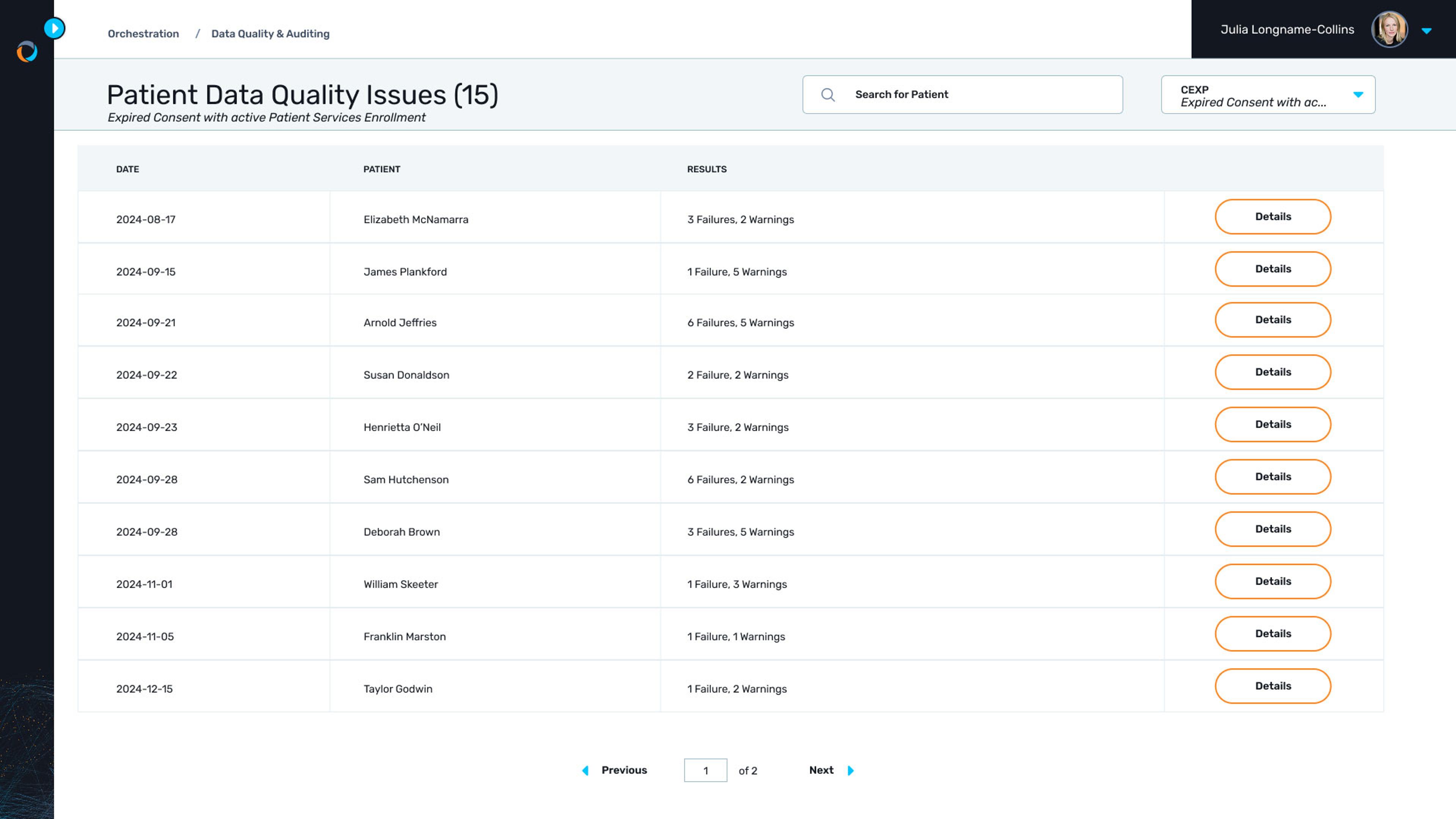 Coperor's data quality and auditing capabilities highlight patients in a bad state where consent has expired but the patient is signed up for patient services. These profiles can be reviewed and the necessary outreach can occur.