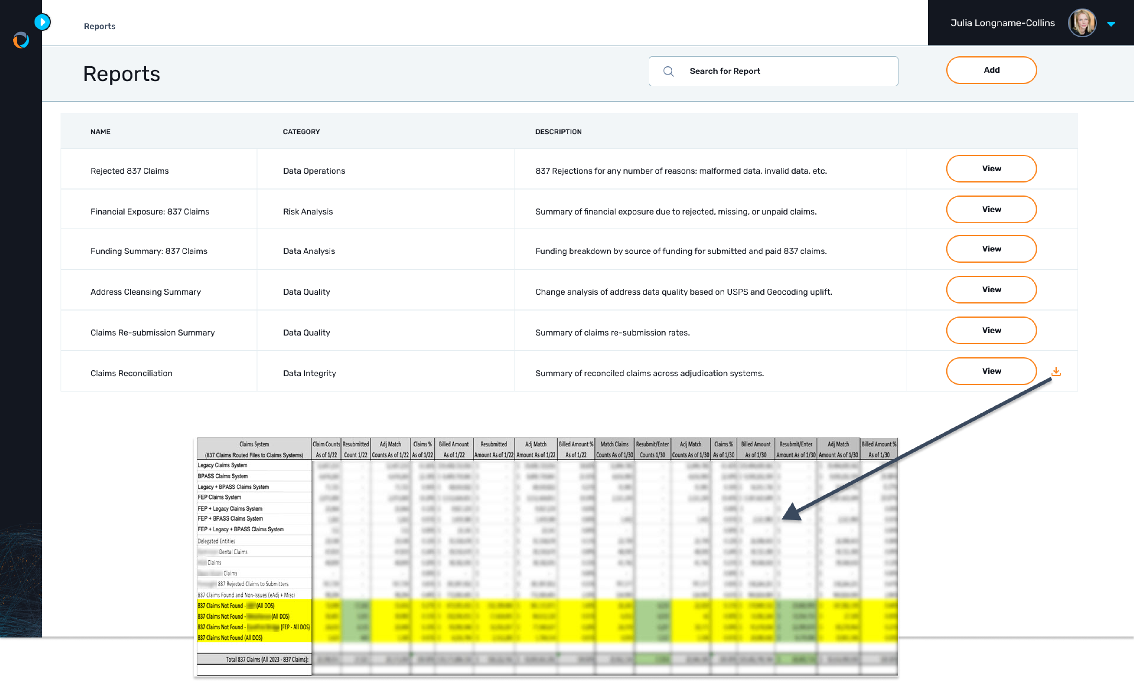 A list of configured reports is shown in Coperor and a downloaded claims reconciliation report example is shown