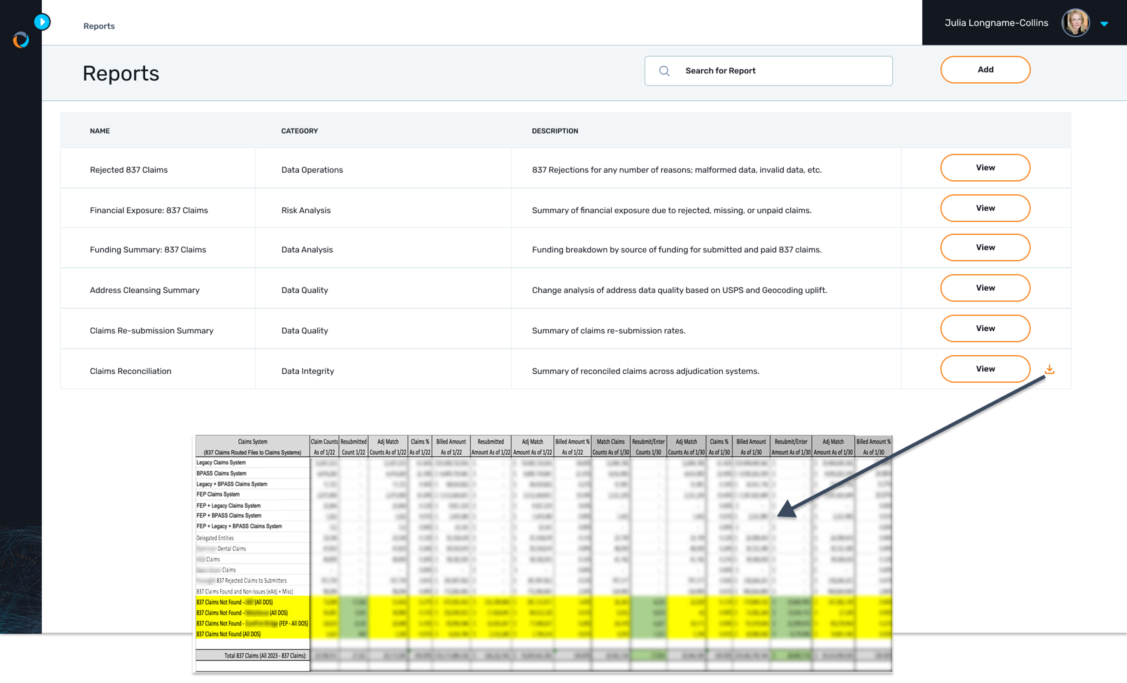 A list of configured reports is shown in Gaine and a downloaded claims reconciliation report example is shown