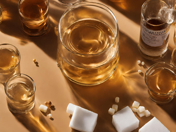 A close-up of a tequila glass, with a golden-colored tequila, surrounded by small containers of common additives like caramel color, sugar syrup, and vanilla extract. 