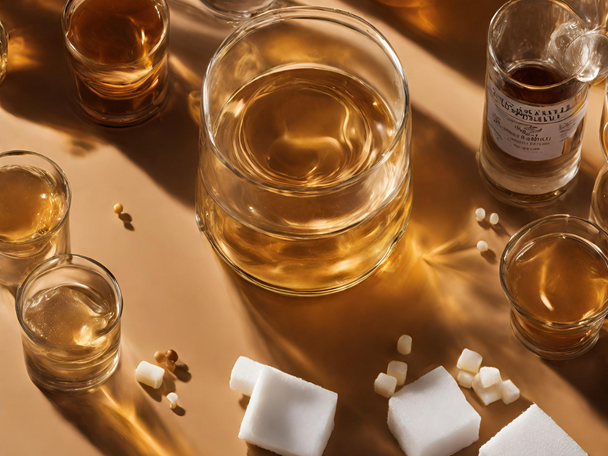 A close-up of a tequila glass, with a golden-colored tequila, surrounded by small containers of common additives like caramel color, sugar syrup, and vanilla extract.