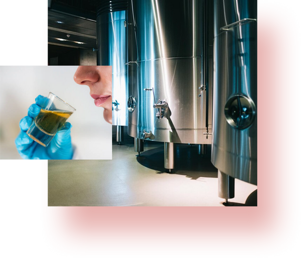 person sipping shotglass of tequila; distillery floor