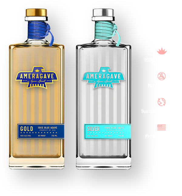 Bottles of Ameragave Gold and Silver. 100% Blue Agave, No Additives, Sustainably Crafted, Product of USA