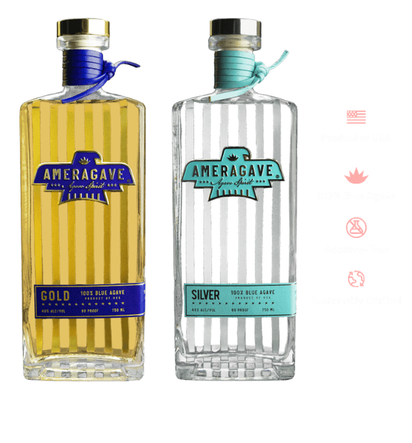 Bottles of Ameragave Gold and Silver. 100% Blue Agave, No Additives, Sustainably Crafted, Product of USA