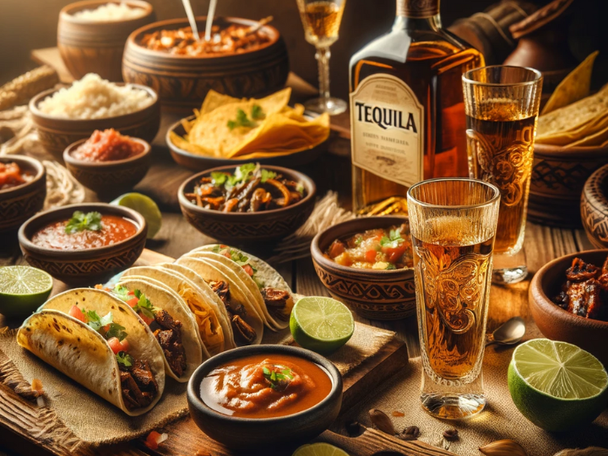 Arrangement of food and tequila