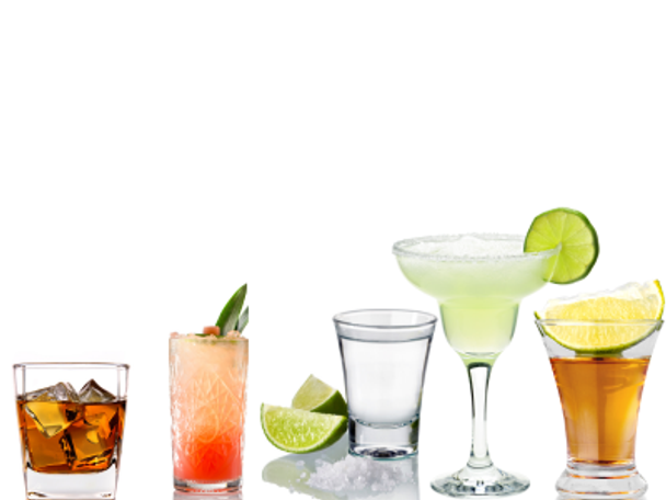 Different types of tequila drink in different style of glasses on white background