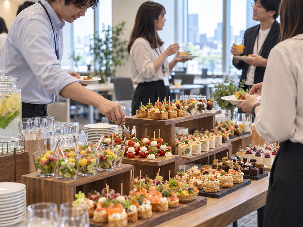 木製の段差ビュッフェから料理を取り分ける懇親会の参加者