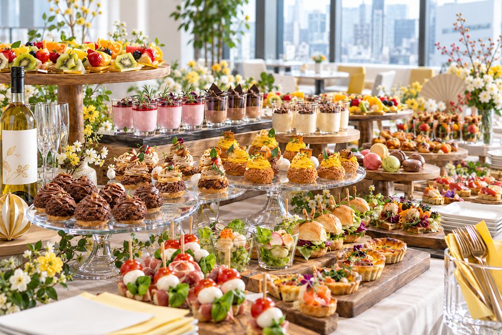 フィンガーフードとスイーツが並んだHarapekobuのケータリングビュッフェ