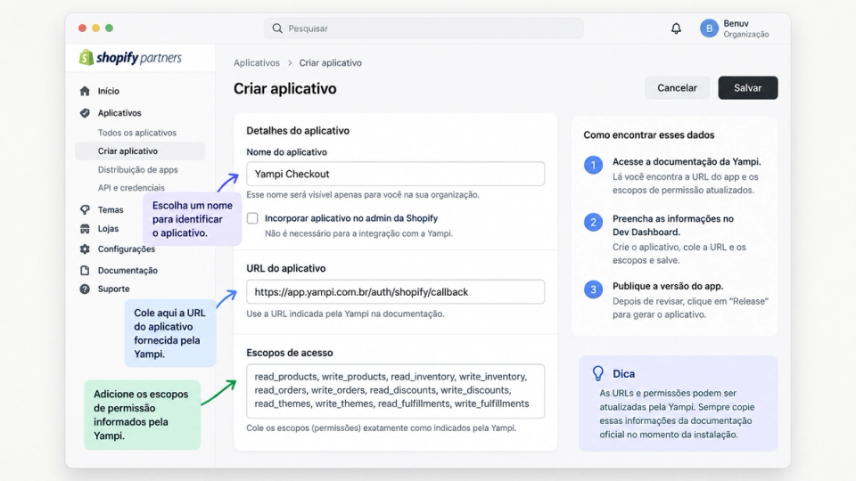 Loja Shopify com produto no carrinho sendo redirecionado corretamente para o checkout da Yampi