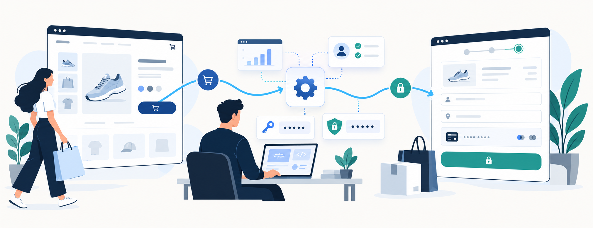 Ilustração 2D mostrando a integração entre uma loja Shopify e o checkout da Yampi por meio de um aplicativo, com vitrine, credenciais e fluxo de redirecionamento da compra.