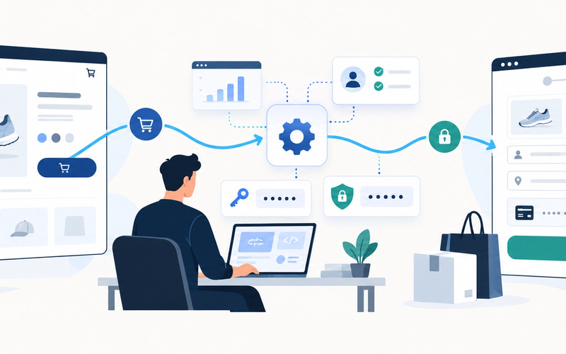 Ilustração 2D mostrando a integração entre uma loja Shopify e o checkout da Yampi por meio de um aplicativo, com vitrine, credenciais e fluxo de redirecionamento da compra.