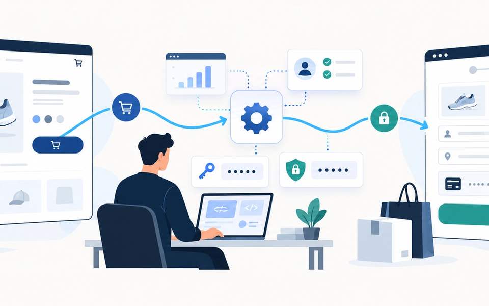 Ilustração 2D mostrando a integração entre uma loja Shopify e o checkout da Yampi por meio de um aplicativo, com vitrine, credenciais e fluxo de redirecionamento da compra.