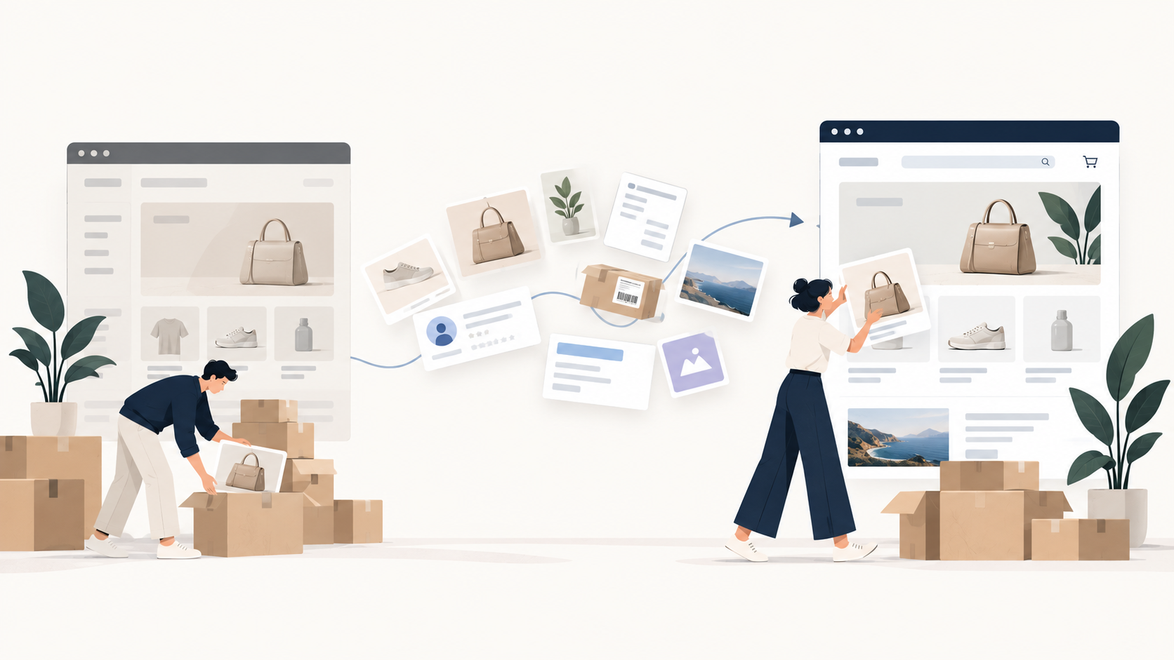 Ilustração de migração de plataforma de e-commerce, com produtos, pedidos, clientes e páginas sendo transferidos de uma loja virtual antiga para uma nova estrutura, preservando os dados e a continuidade da operação.