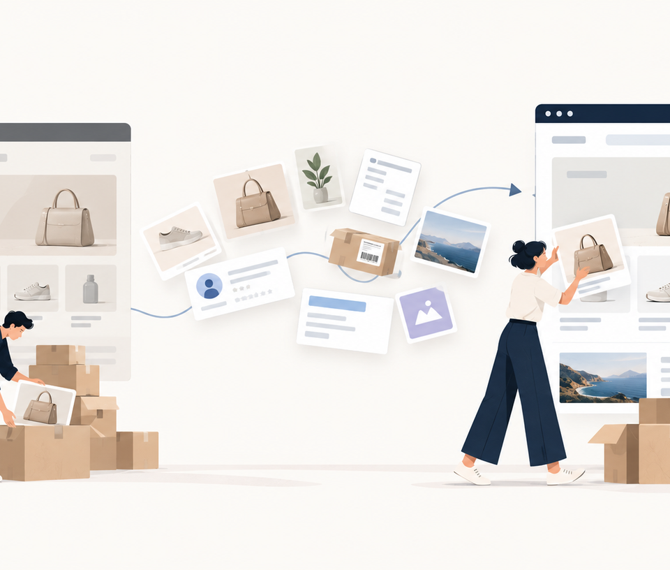 Ilustração de migração de plataforma de e-commerce, com produtos, pedidos, clientes e páginas sendo transferidos de uma loja virtual antiga para uma nova estrutura, preservando os dados e a continuidade da operação.