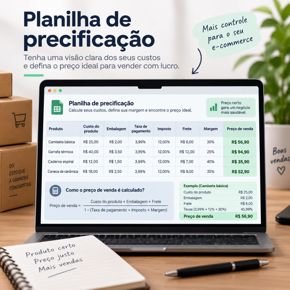 Planilha de precificação com custo do produto, embalagem, taxas, impostos, frete e margem de contribuição