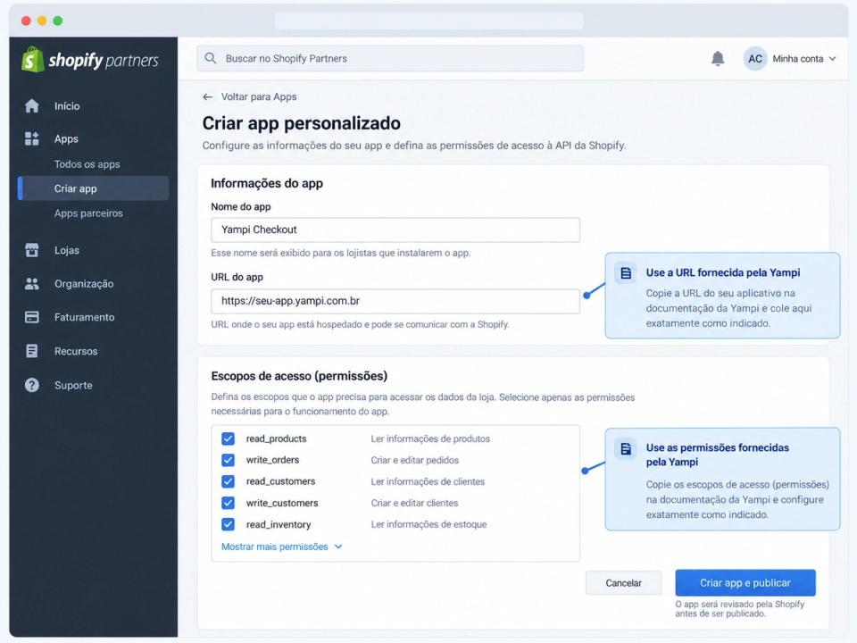 Dev Dashboard da Shopify com aplicativo da Yampi, URL do app e campo de permissões configurados