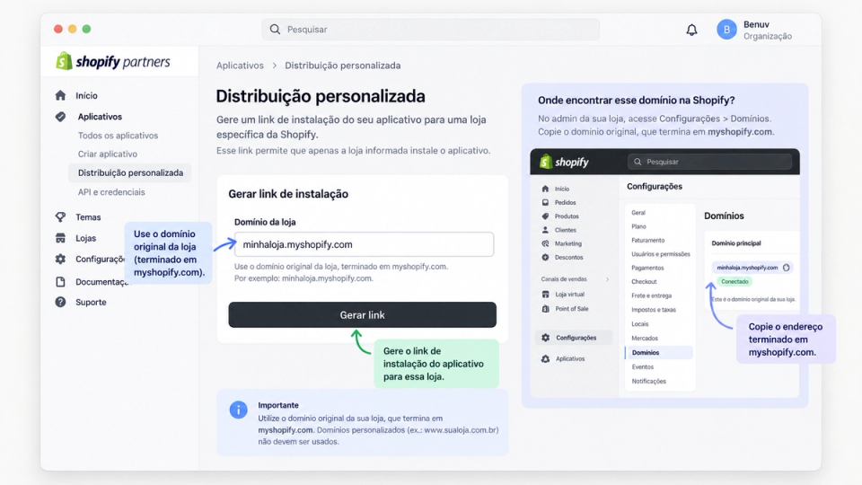Tela de distribuição personalizada da Shopify com campo para inserir o domínio terminado em myshopify.com
