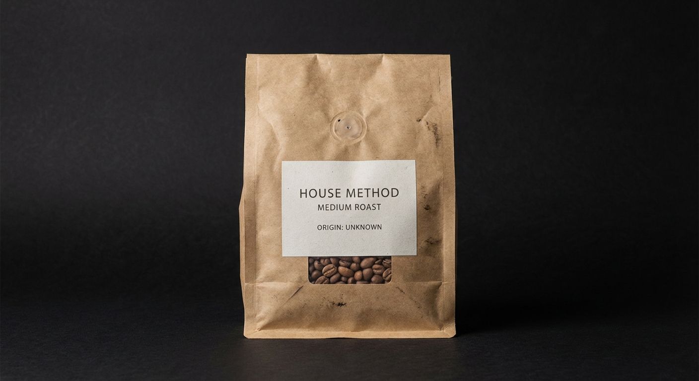 Photograph of a specialty coffee bag named 'House Method' with medium roast level.