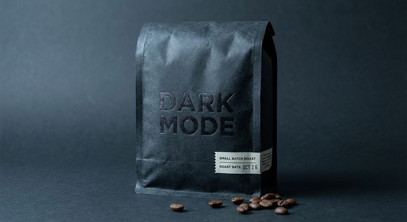 A specialty coffee bag named 'Dark Mode' with a dark roast, photographed on a near-black background.
