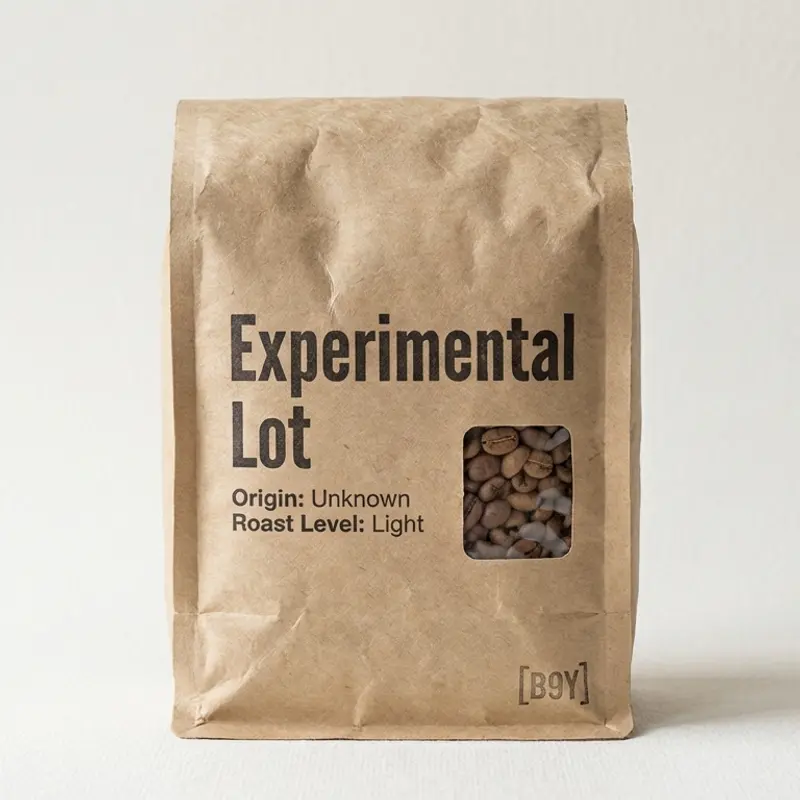 Photograph of a specialty coffee bag labeled 'Experimental Lot' with a light roast level, featuring a bone/off-white background and visible texture.