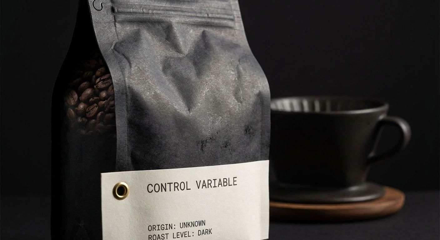 Photograph of a specialty coffee bag labeled 'Control Variable' with a dark roast level, set against a near-black background.