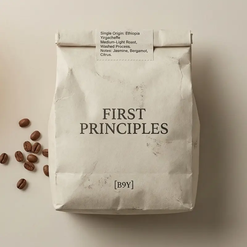Photograph of a specialty coffee bag labeled 'First Principles' with a bone background and visible texture.