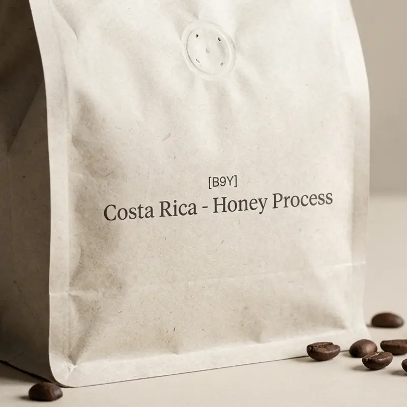 A specialty coffee bag labeled 'Costa Rica - Honey Process' with a bone background and visible texture.