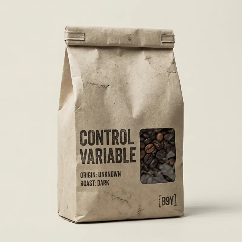 Specialty coffee bag labeled 'Control Variable' with dark roast on a bone background.